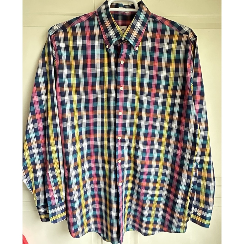 Peter Millar Golf Dress Shirt Mens Large Blue Pink White Yellow Turquoise Plaid